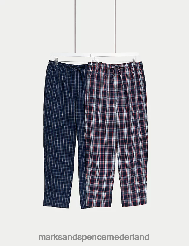 Marks & Spencer Heren 2 stuks puur katoenen geruite pyjamabroeken marine mix kleding N8VZP4752