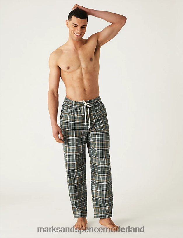 Marks & Spencer Heren Geruit loungebroekje van puur katoen groene mix kleding N8VZP5251