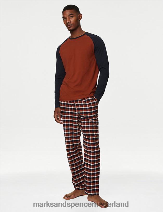 Marks & Spencer Heren Geruite pyjamaset van geborsteld katoen roest mengsel kleding N8VZP5099