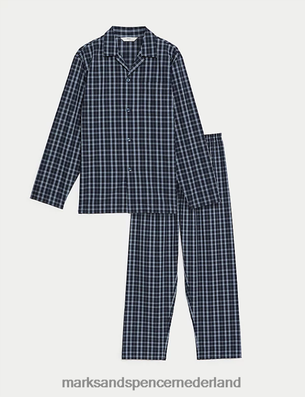 Marks & Spencer Heren Geruite pyjamaset van katoenmix blauw mengsel kleding N8VZP5784