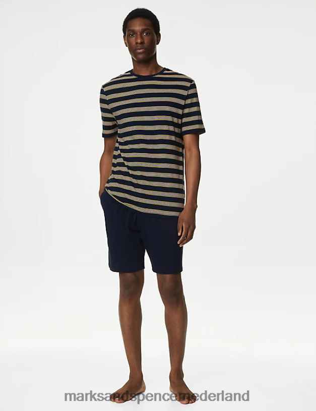 Marks & Spencer Heren Gestreepte pyjamaset van puur katoen marine mix kleding N8VZP5046
