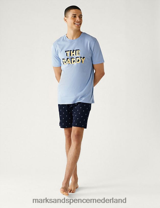Marks & Spencer Heren Pyjamaset van puur katoen met de papa-slogan blauw mengsel kleding N8VZP5282