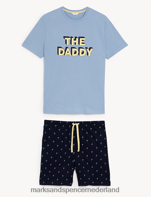 Marks & Spencer Heren Pyjamaset van puur katoen met de papa-slogan blauw mengsel kleding N8VZP5282