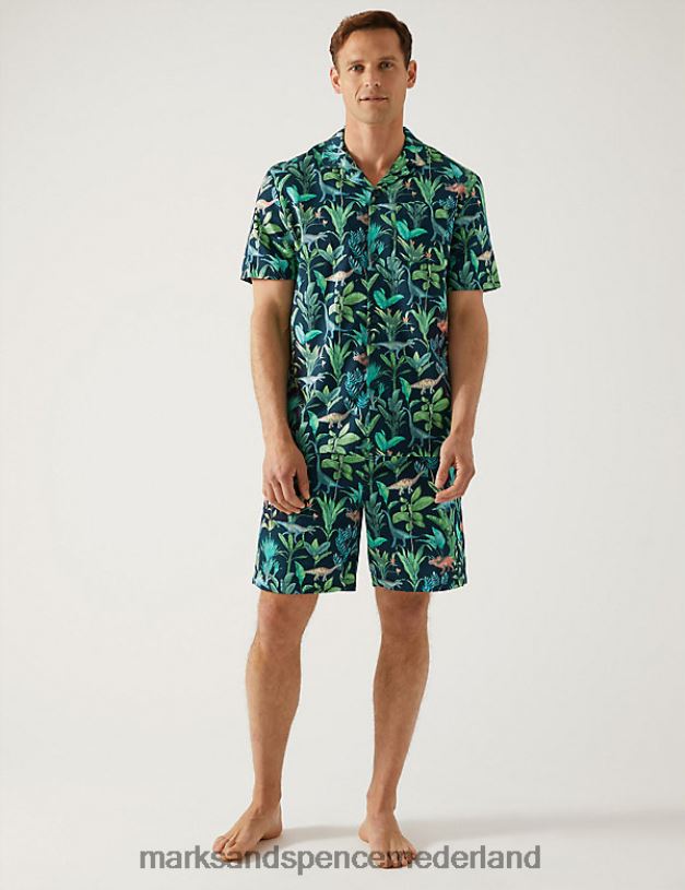 Marks & Spencer Heren Pyjamaset van puur katoen met dinosaurusprint marine mix kleding N8VZP6976