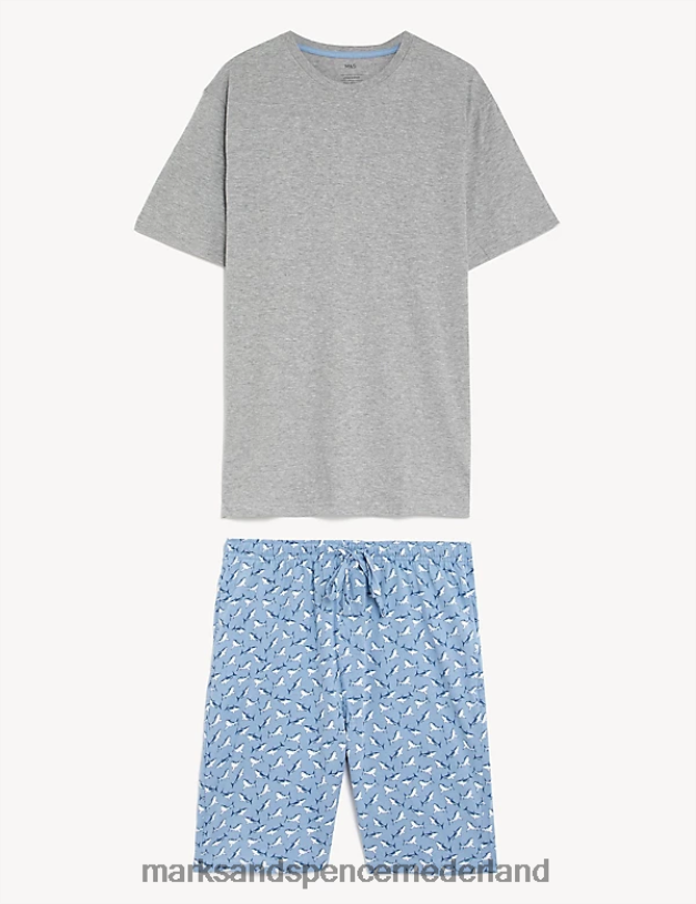 Marks & Spencer Heren Pyjamaset van puur katoen met haaienprint grijze mix kleding N8VZP5408