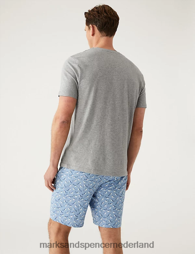 Marks & Spencer Heren Pyjamaset van puur katoen met haaienprint grijze mix kleding N8VZP5408