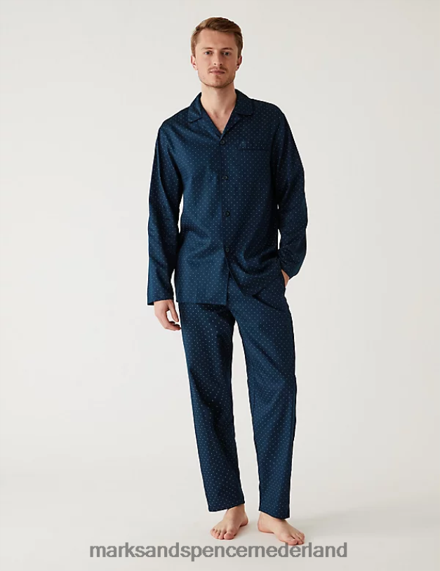 Marks & Spencer Heren Pyjamaset van puur katoen met stippen marine kleding N8VZP7134