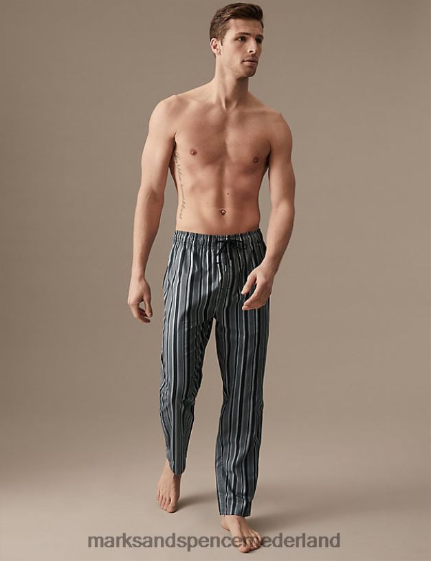 Marks & Spencer Heren katoenrijke gestreepte pyjamabroek zwarte mix kleding N8VZP5382