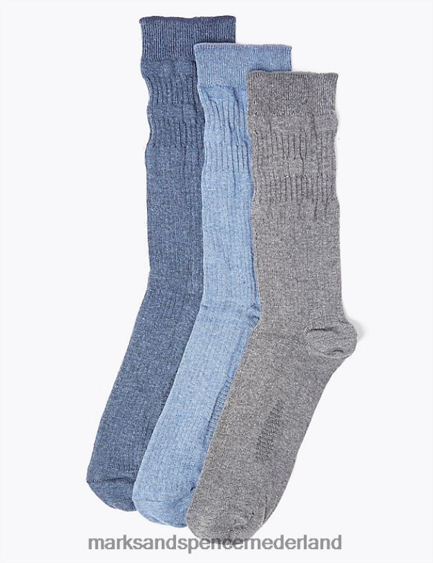 Marks & Spencer Heren 3 stuks coole en frisse sokken met zachte grip blauw grijs kleding N8VZP6518