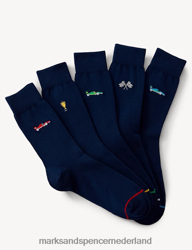 Marks & Spencer Heren 5 stuks coole en frisse Grand Prix-sokken marine mix kleding N8VZP5253