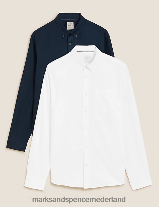 Marks & Spencer Heren 2 stuks, gemakkelijk te strijken Oxford-overhemden van puur katoen marine mix kleding N8VZP6197