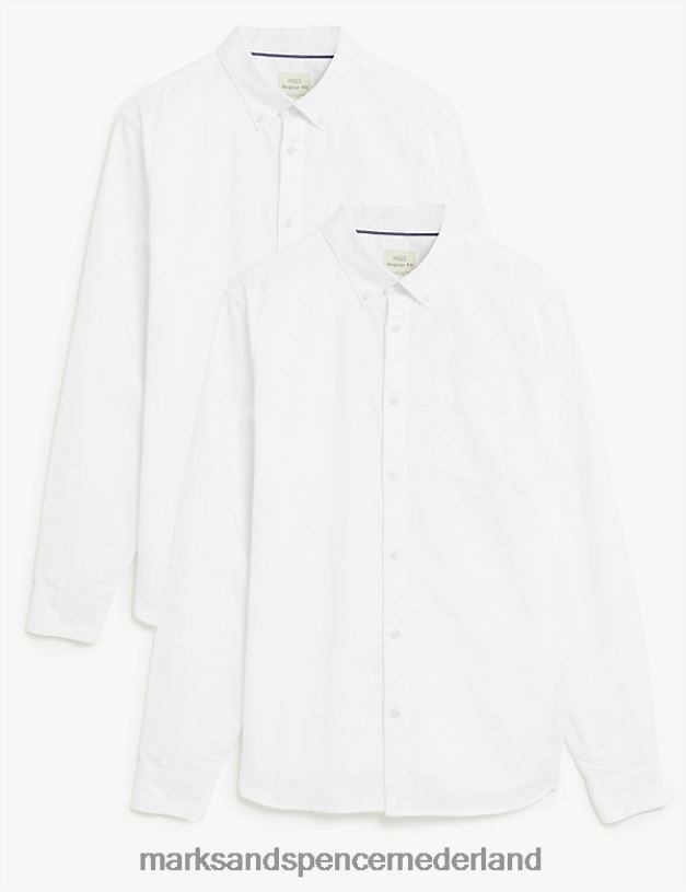 Marks & Spencer Heren 2 stuks, gemakkelijk te strijken Oxford-overhemden van puur katoen wit kleding N8VZP5833