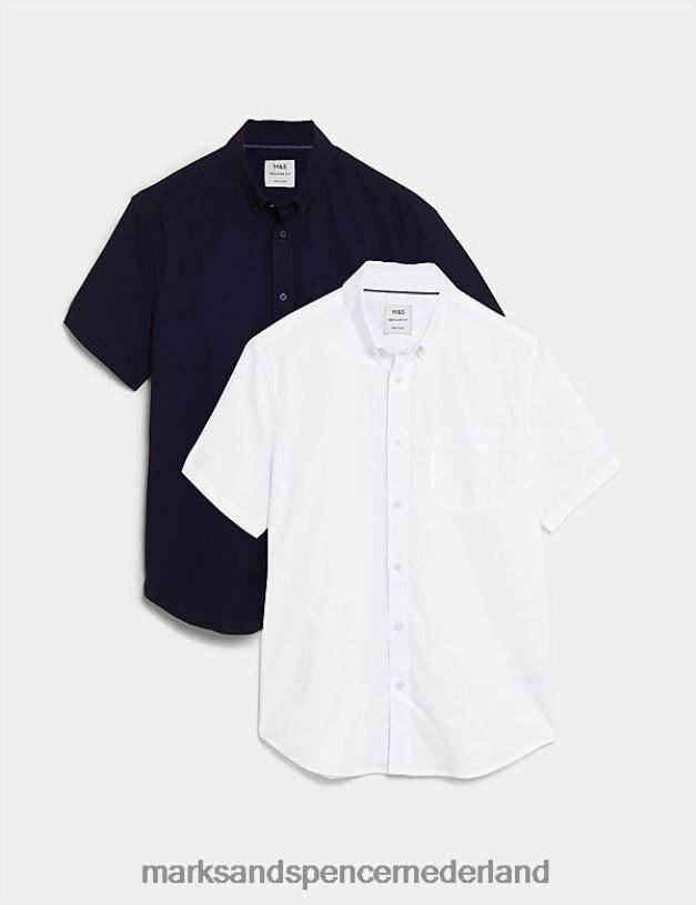 Marks & Spencer Heren 2 stuks puur katoenen Oxford-overhemden marine mix kleding N8VZP6569