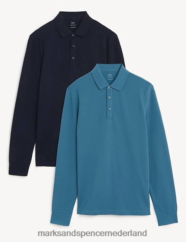 Marks & Spencer Heren 2 stuks puur katoenen poloshirts met lange mouwen donker turkoois kleding N8VZP5080