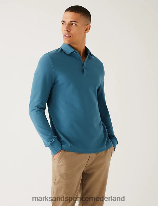 Marks & Spencer Heren 2 stuks puur katoenen poloshirts met lange mouwen donker turkoois kleding N8VZP5080