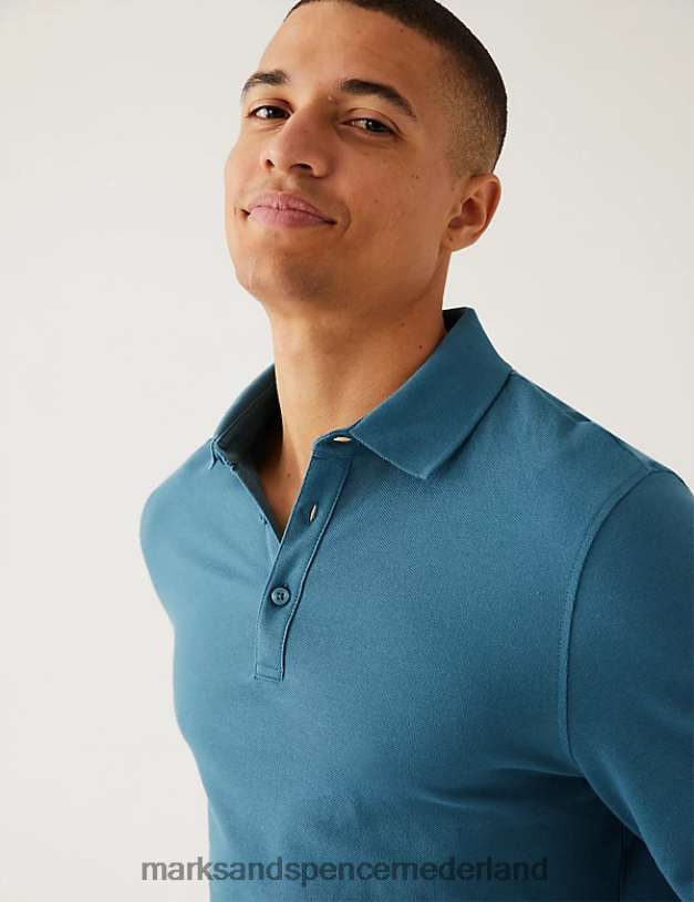 Marks & Spencer Heren 2 stuks puur katoenen poloshirts met lange mouwen donker turkoois kleding N8VZP5080