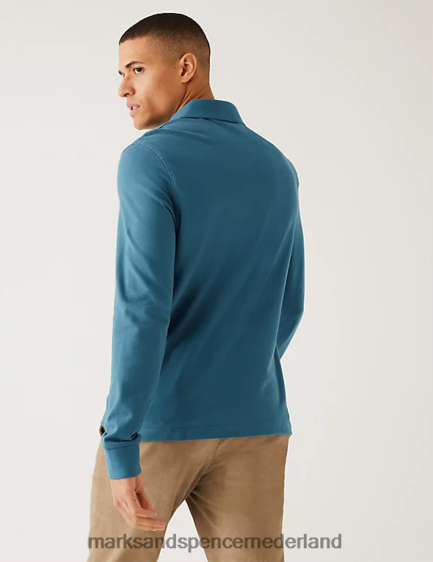 Marks & Spencer Heren 2 stuks puur katoenen poloshirts met lange mouwen donker turkoois kleding N8VZP5080