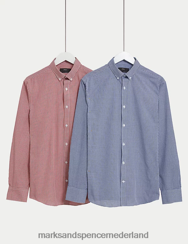 Marks & Spencer Heren 2 stuks regular fit geruite overhemden met lange mouwen rode mix kleding N8VZP4781