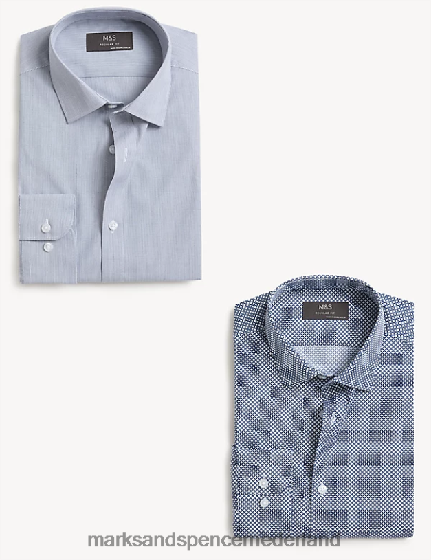 Marks & Spencer Heren 2 stuks regular-fit overhemden met lange mouwen en print blauw mengsel kleding N8VZP5038