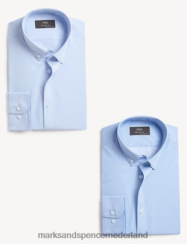 Marks & Spencer Heren 2 stuks regular-fit overhemden met lange mouwen en print blauw mengsel kleding N8VZP6373
