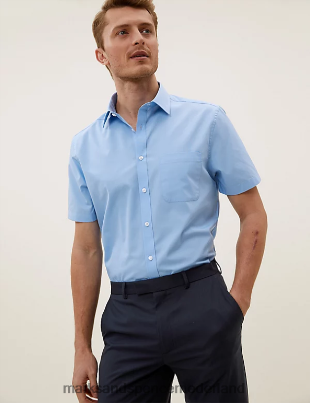 Marks & Spencer Heren 3 stuks op maat gemaakte overhemden met korte mouwen blauw kleding N8VZP6956