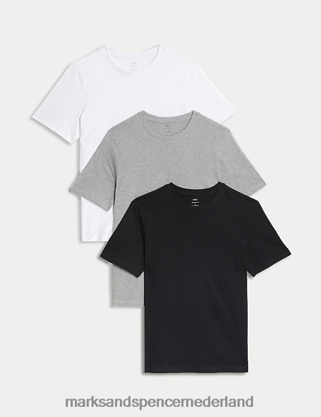 Marks & Spencer Heren 3 stuks puur katoenen T-shirts met ronde hals grijze mix kleding N8VZP5093
