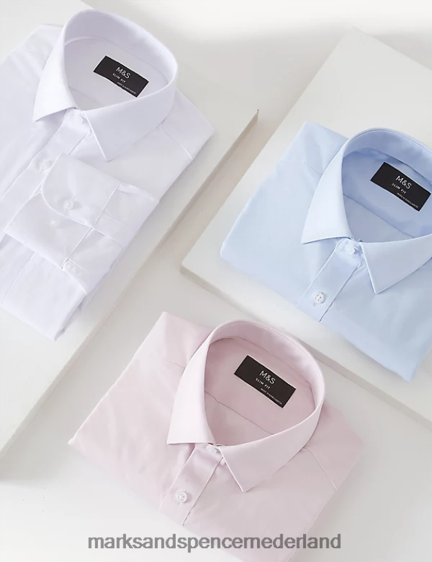 Marks & Spencer Heren 3 stuks slim-fit, gemakkelijk te strijken overhemden met lange mouwen blauw mengsel kleding N8VZP5516