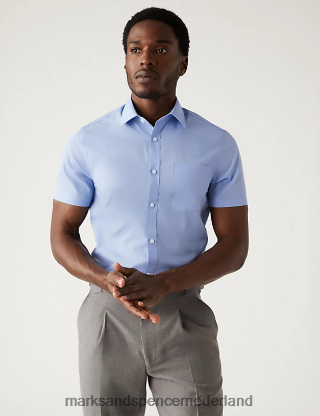 Marks & Spencer Heren 3 stuks slim-fit, gemakkelijk te strijken overhemden van katoenmix blauw kleding N8VZP4994