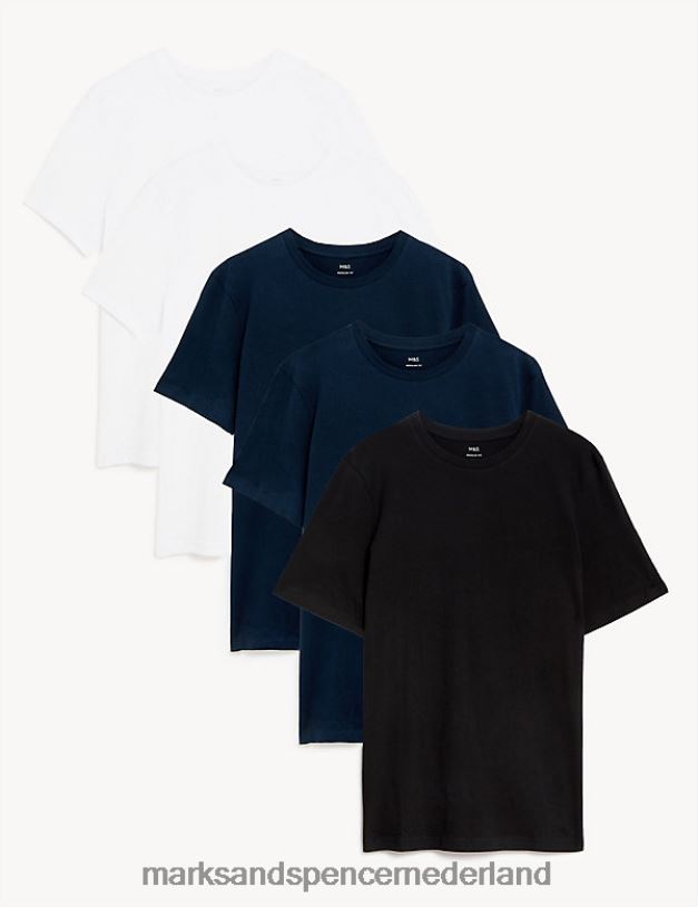 Marks & Spencer Heren 5 stuks puur katoenen T-shirts met ronde hals marine mix kleding N8VZP5803