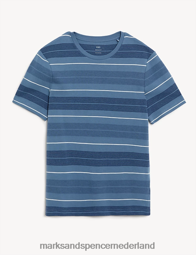 Marks & Spencer Heren Dubbelgebreid gestreept T-shirt van puur katoen blauw mengsel kleding N8VZP5988