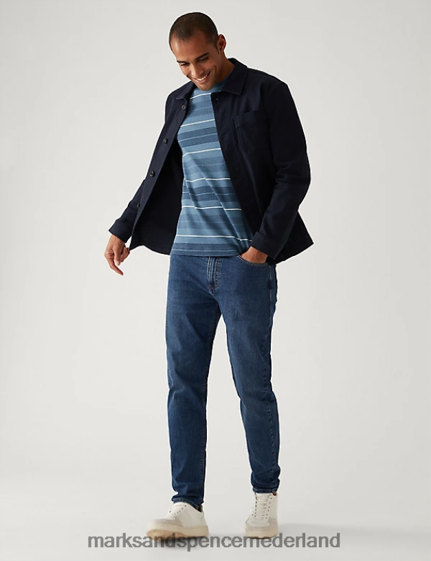 Marks & Spencer Heren Dubbelgebreid gestreept T-shirt van puur katoen blauw mengsel kleding N8VZP5988