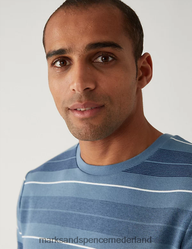 Marks & Spencer Heren Dubbelgebreid gestreept T-shirt van puur katoen blauw mengsel kleding N8VZP5988