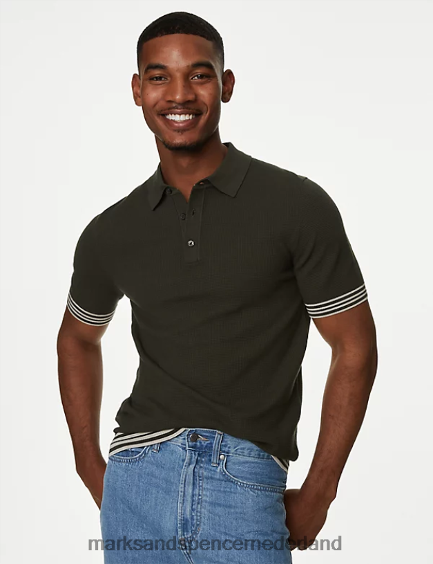 Marks & Spencer Heren Gebreid poloshirt van een katoenmix met textuur khaki kleding N8VZP4892