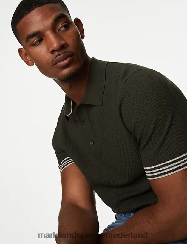 Marks & Spencer Heren Gebreid poloshirt van een katoenmix met textuur khaki kleding N8VZP4892