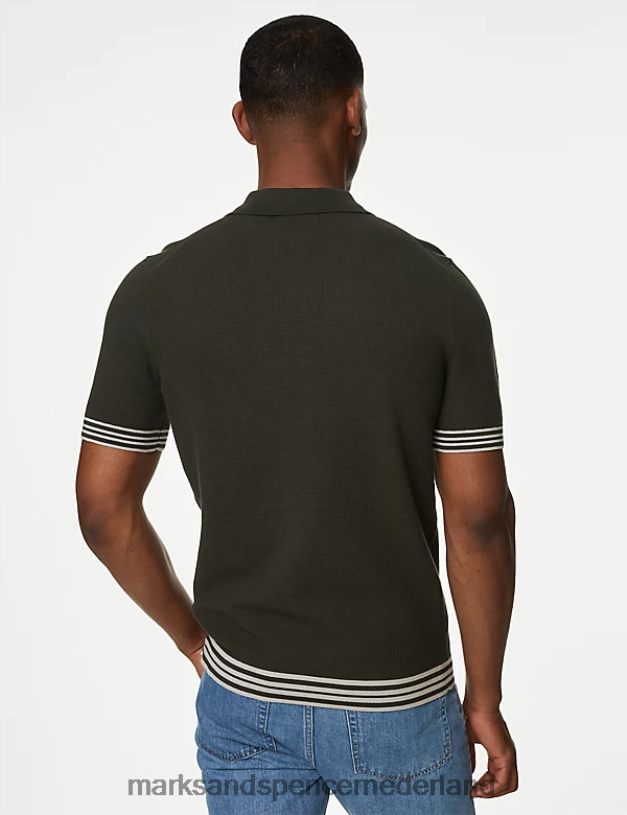 Marks & Spencer Heren Gebreid poloshirt van een katoenmix met textuur khaki kleding N8VZP4892