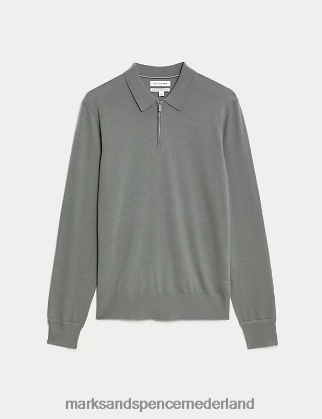 Marks & Spencer Heren Gebreide polo van zuivere extra fijne merinowol salie groen kleding N8VZP7067