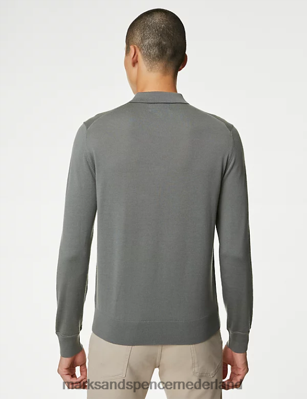 Marks & Spencer Heren Gebreide polo van zuivere extra fijne merinowol salie groen kleding N8VZP7067