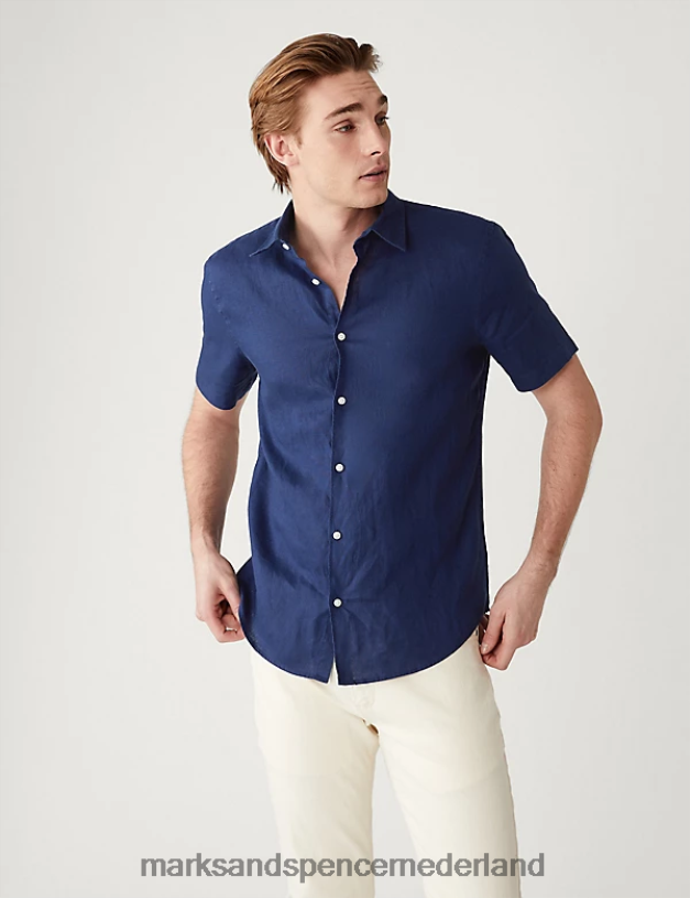 Marks & Spencer Heren Gemakkelijk te strijken overhemd van zuiver linnen marine kleding N8VZP5310