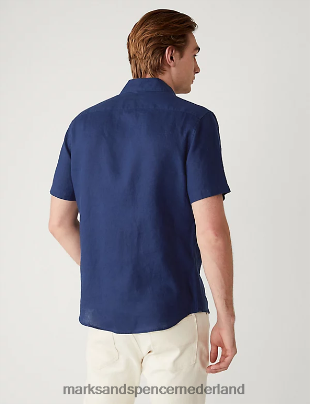 Marks & Spencer Heren Gemakkelijk te strijken overhemd van zuiver linnen marine kleding N8VZP5310