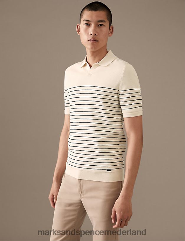 Marks & Spencer Heren Gestreept gebreid poloshirt van puur supima-katoen ecru mix kleding N8VZP5606