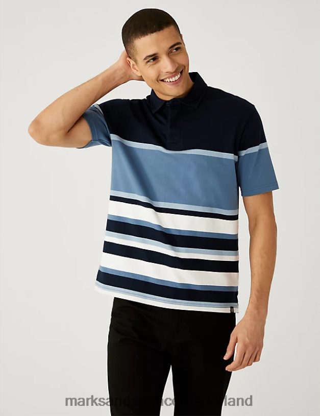 Marks & Spencer Heren Gestreept rugbyshirt van puur katoen marine mix kleding N8VZP6767