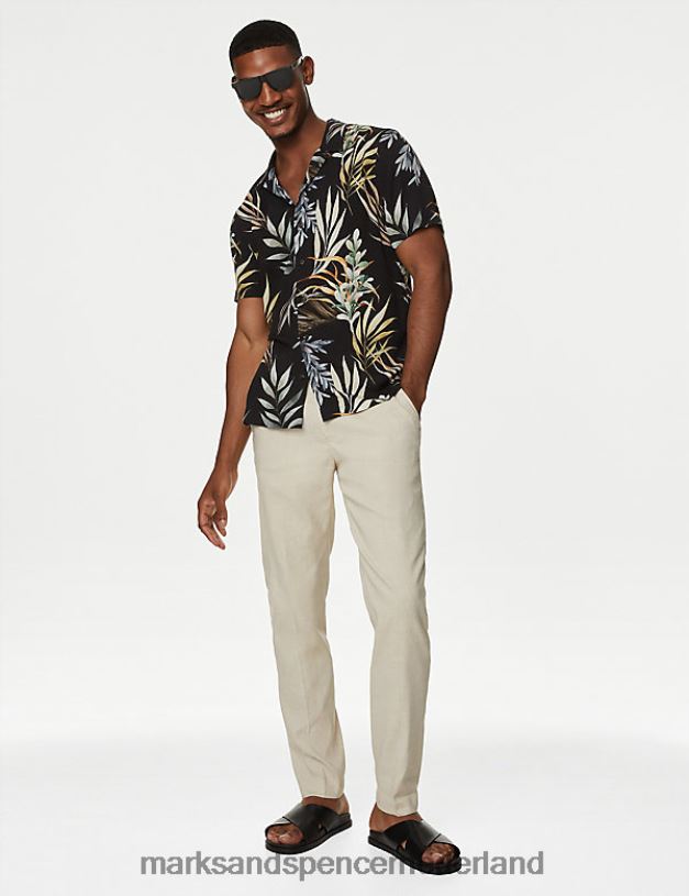 Marks & Spencer Heren Hawaiiaans overhemd met Cubaanse kraag zwarte mix kleding N8VZP4991
