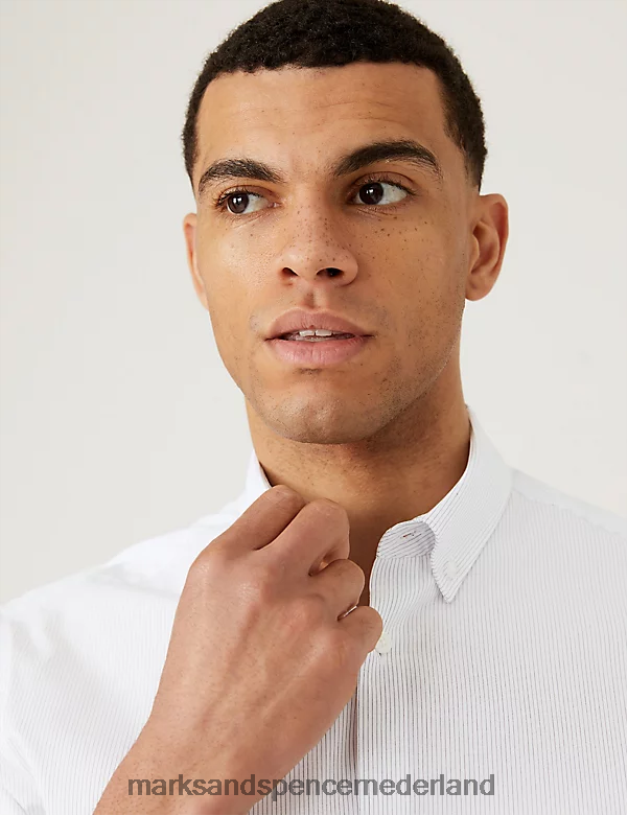 Marks & Spencer Heren Katoenrijk gestreept overhemd met normale pasvorm witte mix kleding N8VZP6889