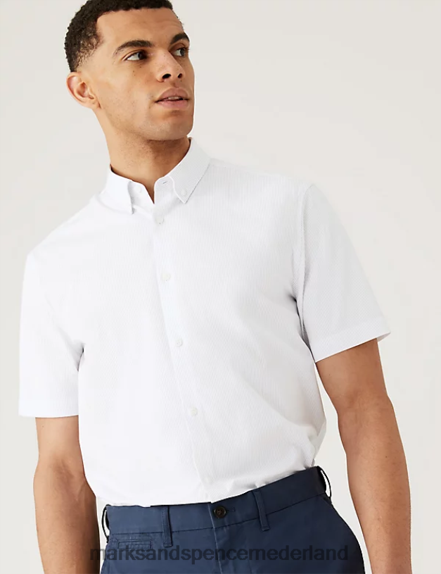 Marks & Spencer Heren Katoenrijk gestreept overhemd met normale pasvorm witte mix kleding N8VZP6889