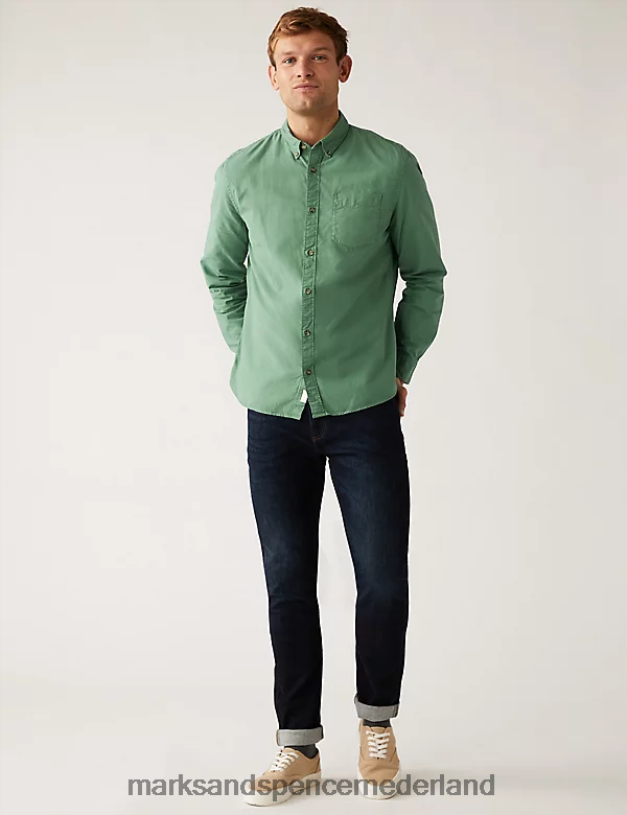 Marks & Spencer Heren Oxford-overhemd van puur katoen Fel groen kleding N8VZP7015