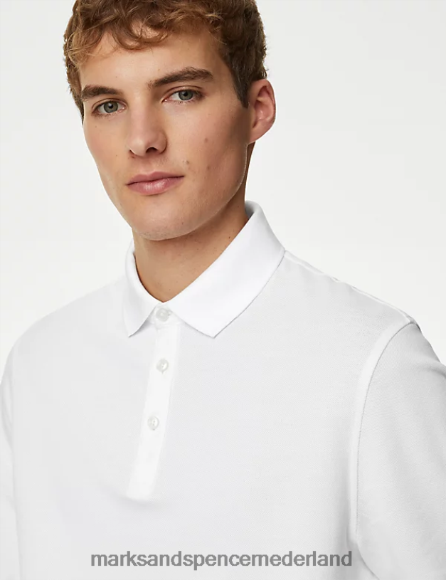 Marks & Spencer Heren Poloshirt van puur katoen met lange mouwen wit kleding N8VZP7377
