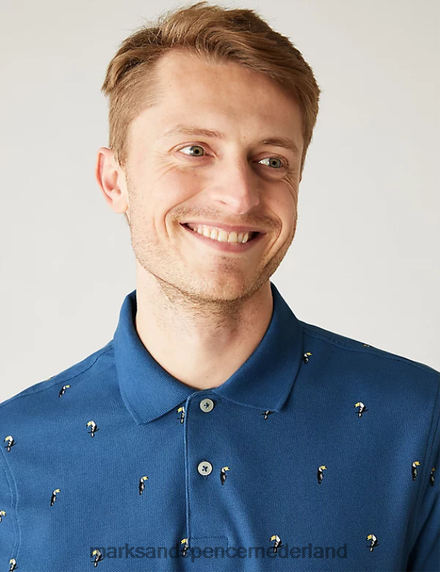 Marks & Spencer Heren Puur katoenen poloshirt met cactusprint staal blauw kleding N8VZP6764