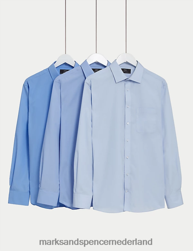 Marks & Spencer Heren Set van 3 normale overhemden van een katoenmix met lange mouwen blauw mengsel kleding N8VZP4759