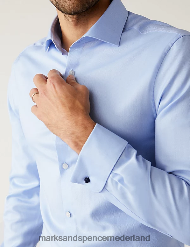 Marks & Spencer Heren Slim-fit, gemakkelijk te strijken overhemd met visgraatmotief blauw kleding N8VZP6376