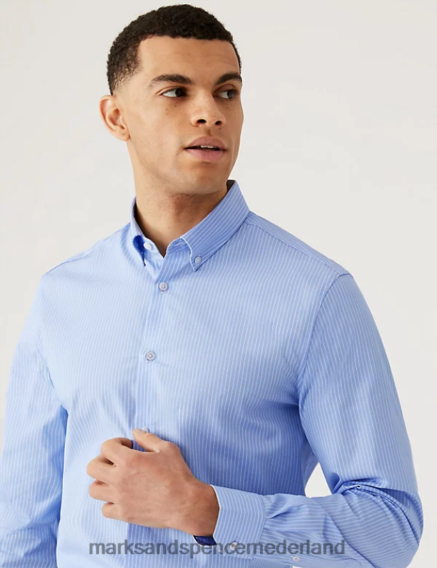Marks & Spencer Heren Slim-fit katoenrijk gestreept overhemd lichtblauw kleding N8VZP5605